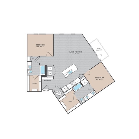 A floor plan of an apartment with two bedrooms, a living room, a dining room, a kitchen, an entry, a mudroom, and a closet.